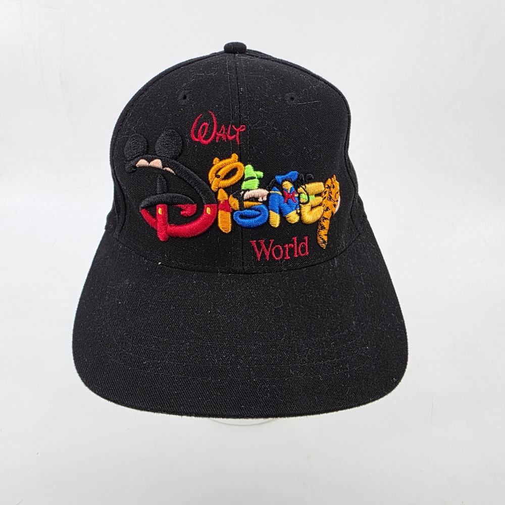 Walt Disney World Vintage Black Snapback Hat Mickey Mouse Friends Embroidered